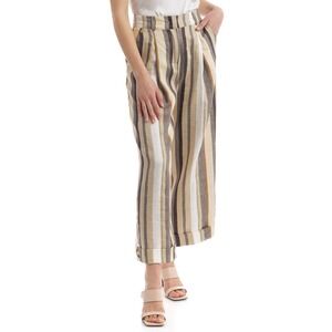 Manila Grace Striped Wide Leg Linen Blend Pants Beige Brown Women's Size 4